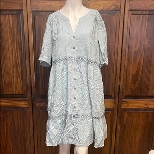 Light Blue Button-Front Cotton Midi Dress fully lined Sz XXL